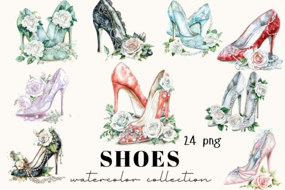Artistry in Motion: Watercolor Wedding Shoes & Floral Design Assets