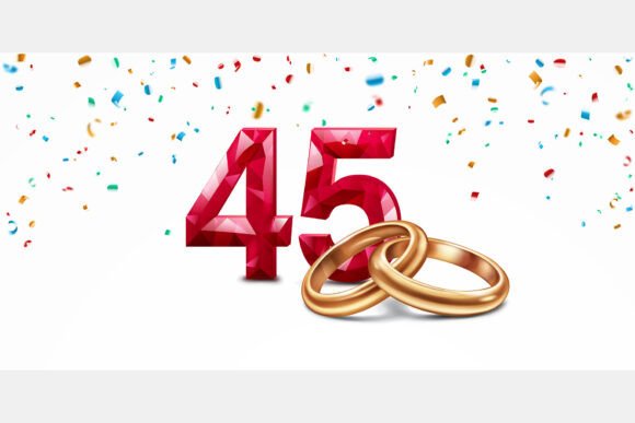 Celebrate Milestones: Red Number 45 and Golden Wedding Rings Design