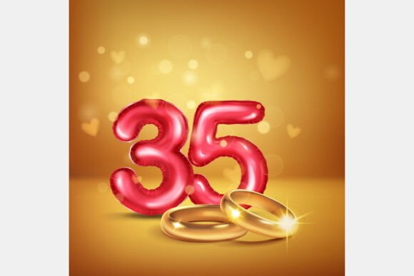 Celebrating Milestones: The Red Number 35 and Gold Wedding Rings in Design