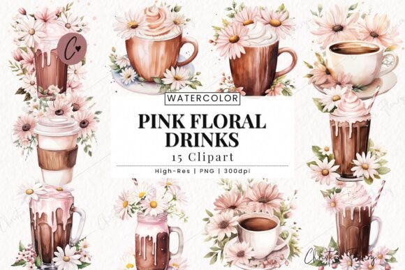 Elegant Pink Floral Drinks Clipart for Wedding Designs