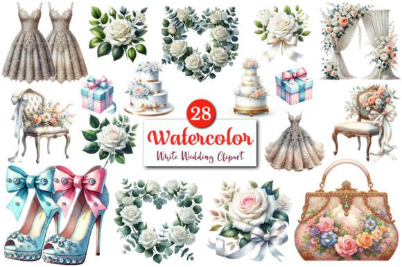 Elegant Watercolor White Wedding PNG Clipart for Designers